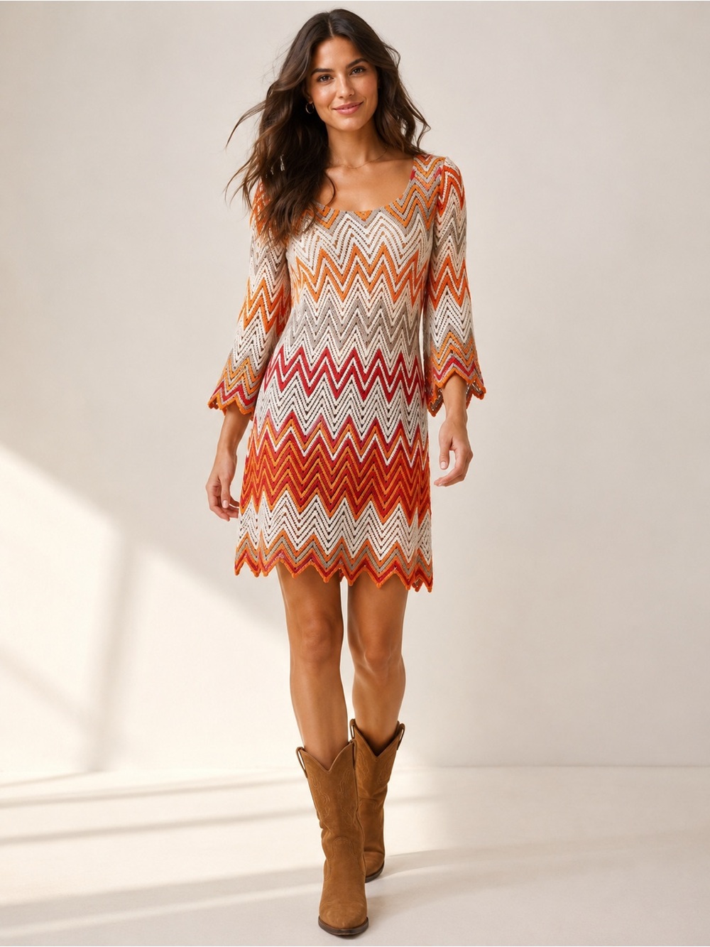 Uncle Frank Chevron Crochet Knit Mini Dress Bell Sleeve Missoni Inspired Small